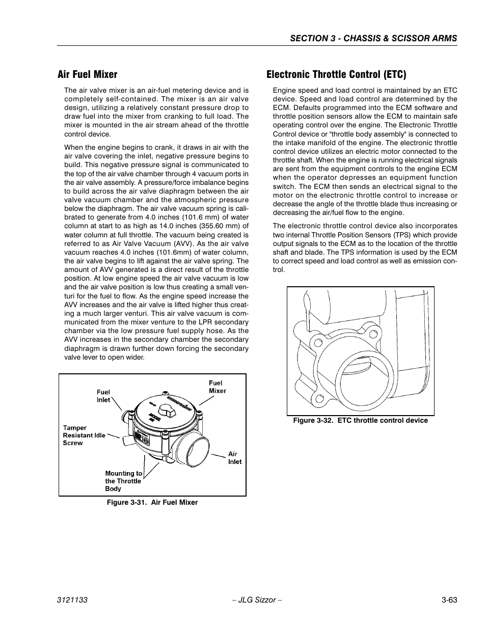 Air fuel mixer, Electronic throttle control (etc), Air fuel mixer -63 | Etc throttle control device -63 | JLG 4394RT Service Manual User Manual | Page 99 / 228