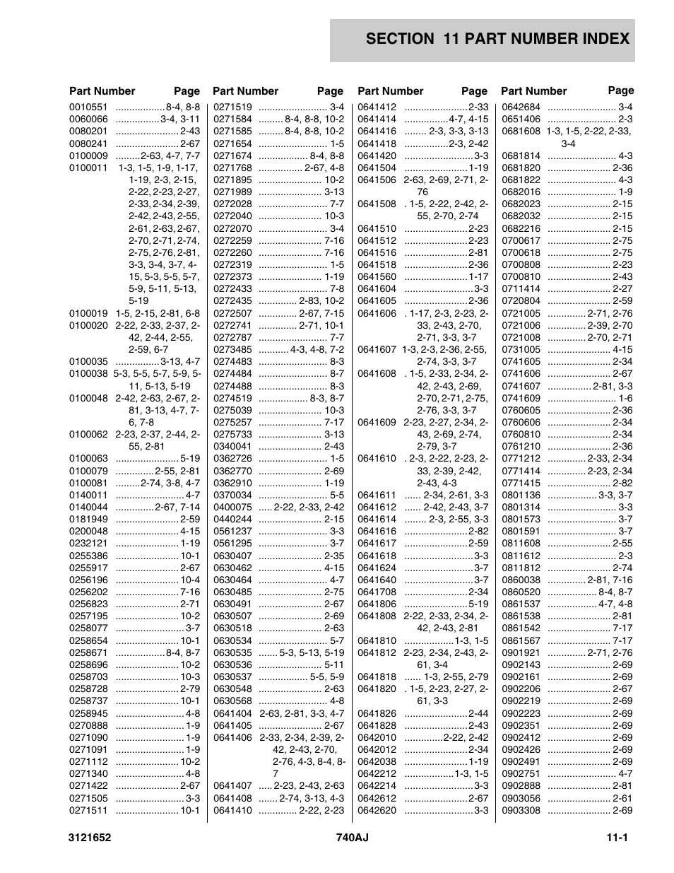 Section 11 part number index, 11 - part number index -1 | JLG 740AJ Parts Manual User Manual | Page 205 / 216