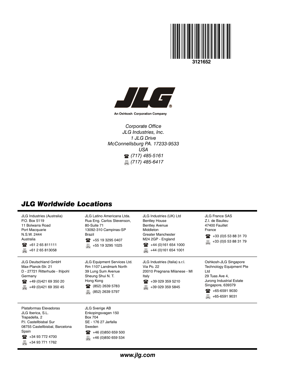 Jlg worldwide locations | JLG 740AJ Parts Manual User Manual | Page 216 / 216