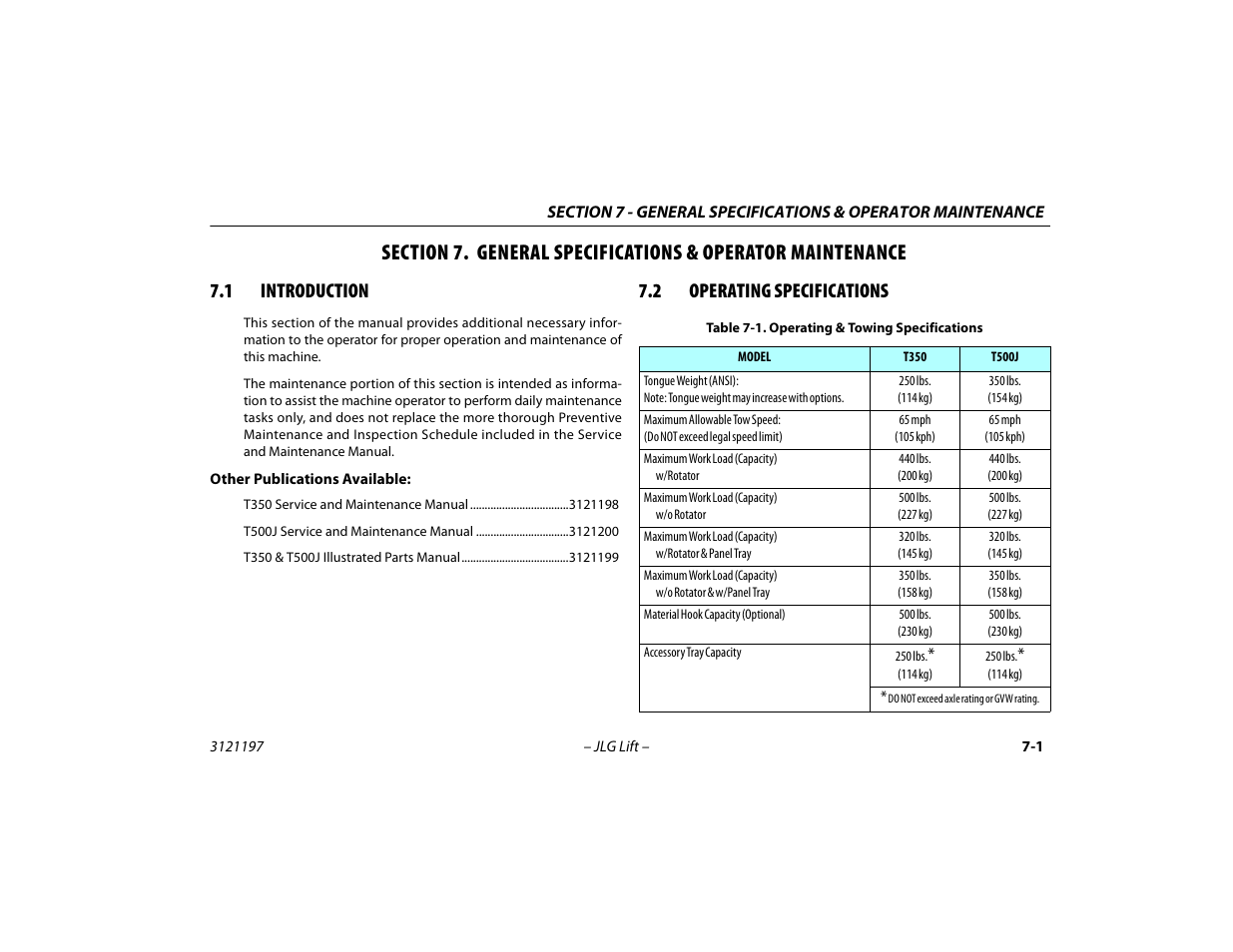 1 introduction, 2 operating specifications, Introduction -1 | Operating specifications -1, Operating & towing specifications -1 | JLG T500J Operator Manual User Manual | Page 105 / 132