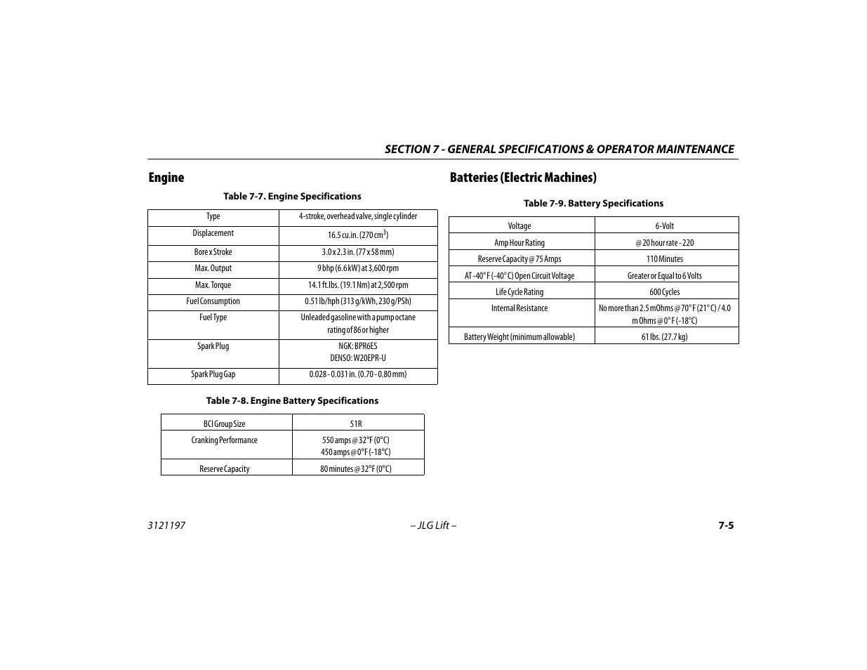 Engine, Batteries (electric machines), Engine -5 batteries (electric machines) -5 | Engine specifications -5, Engine battery specifications -5, Battery specifications -5, Engine batteries (electric machines) | JLG T500J Operator Manual User Manual | Page 109 / 132