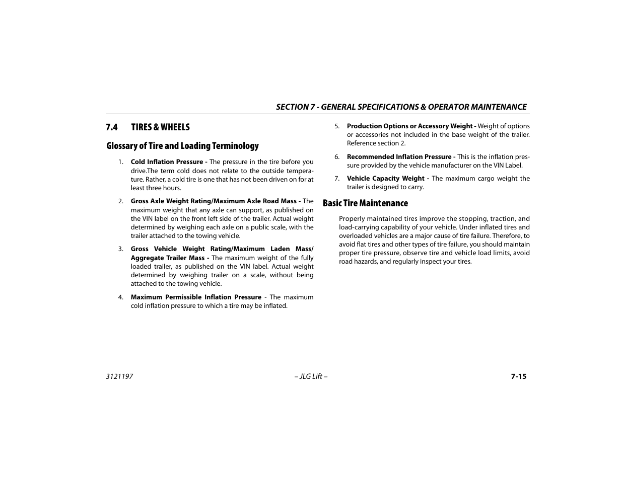 4 tires & wheels, Glossary of tire and loading terminology, Basic tire maintenance | Tires & wheels -15 | JLG T500J Operator Manual User Manual | Page 119 / 132
