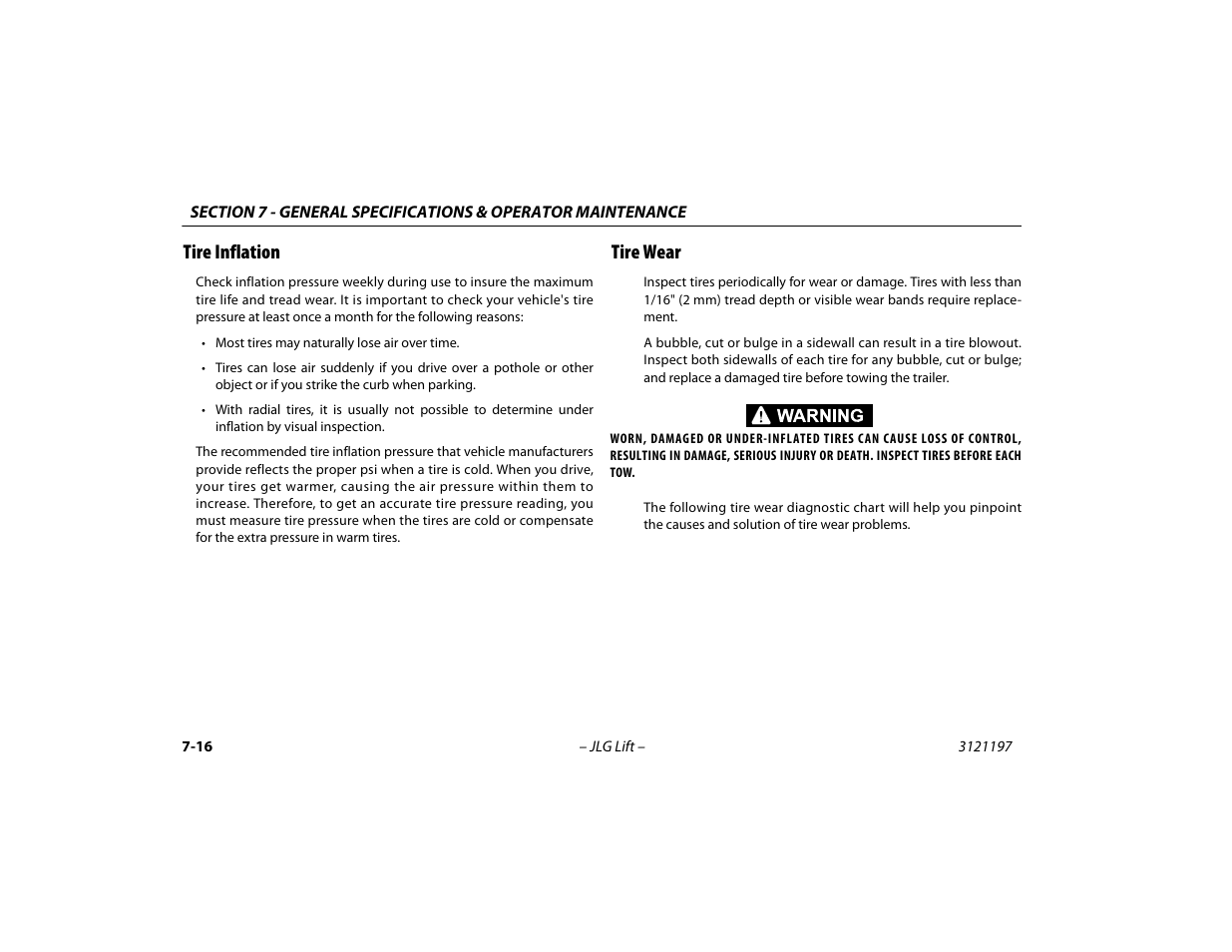 Tire inflation, Tire wear, Tire inflation -16 tire wear -16 | JLG T500J Operator Manual User Manual | Page 120 / 132