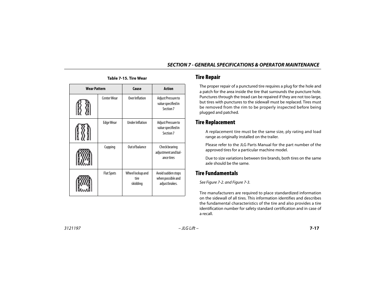 Tire repair, Tire replacement, Tire fundamentals | Tire wear -17 | JLG T500J Operator Manual User Manual | Page 121 / 132