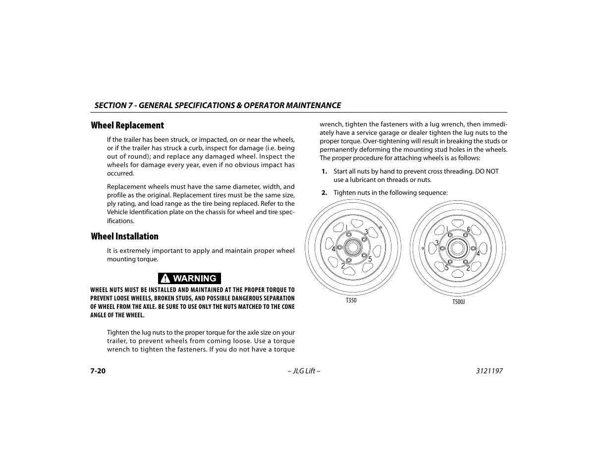 Wheel replacement, Wheel installation, Wheel replacement -20 wheel installation -20 | JLG T500J Operator Manual User Manual | Page 124 / 132