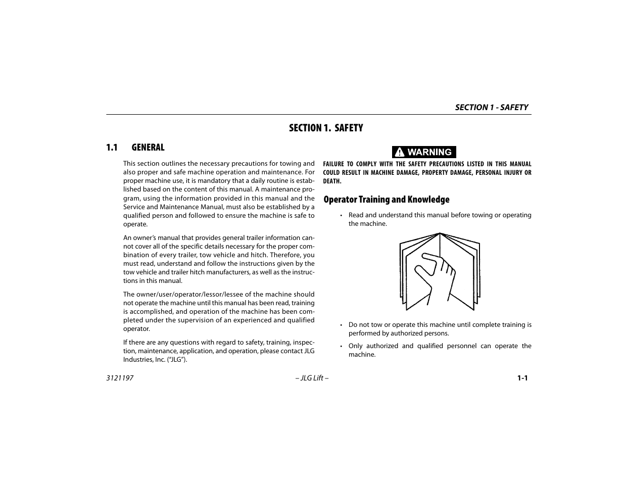 Section 1. safety, 1 general, Operator training and knowledge | Section - 1 - safety, General -1, Operator training and knowledge -1 | JLG T500J Operator Manual User Manual | Page 13 / 132