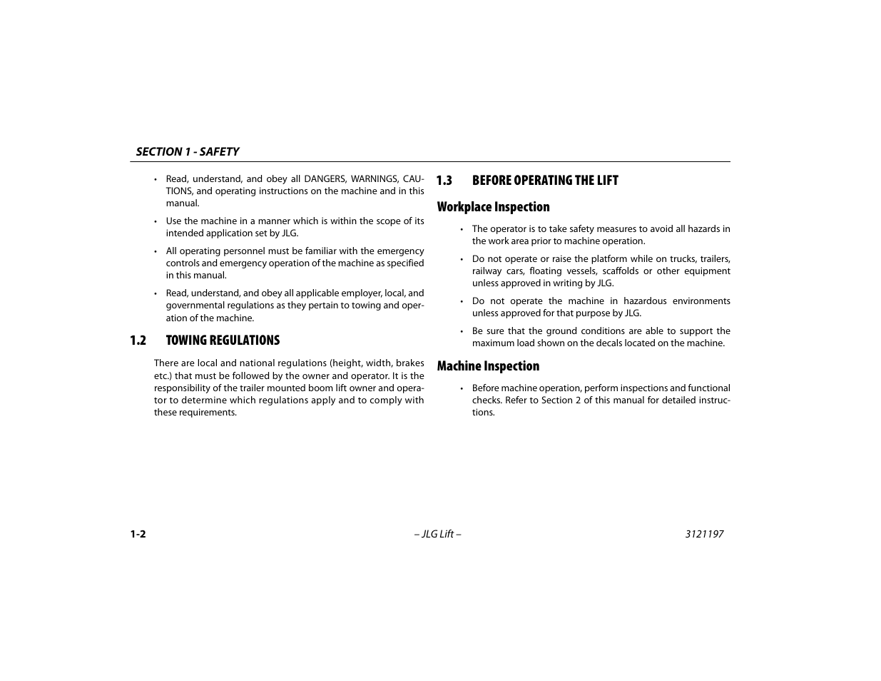 2 towing regulations, 3 before operating the lift, Workplace inspection | Machine inspection, Towing regulations -2, Before operating the lift -2, Workplace inspection -2 machine inspection -2, 3 before operating the lift workplace inspection | JLG T500J Operator Manual User Manual | Page 14 / 132