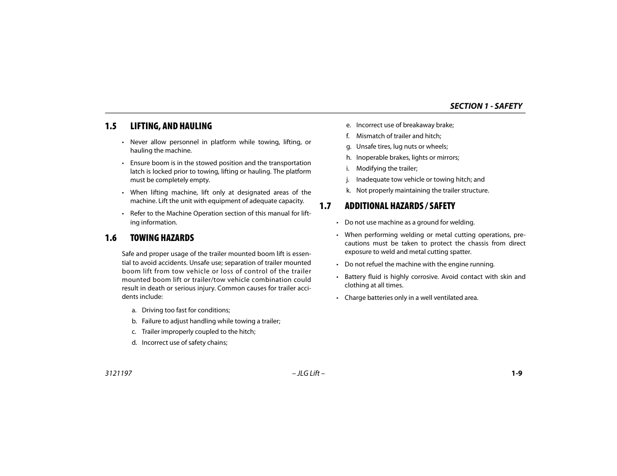 5 lifting, and hauling, 6 towing hazards, 7 additional hazards / safety | Lifting, and hauling -9, Towing hazards -9, Additional hazards / safety -9 | JLG T500J Operator Manual User Manual | Page 21 / 132