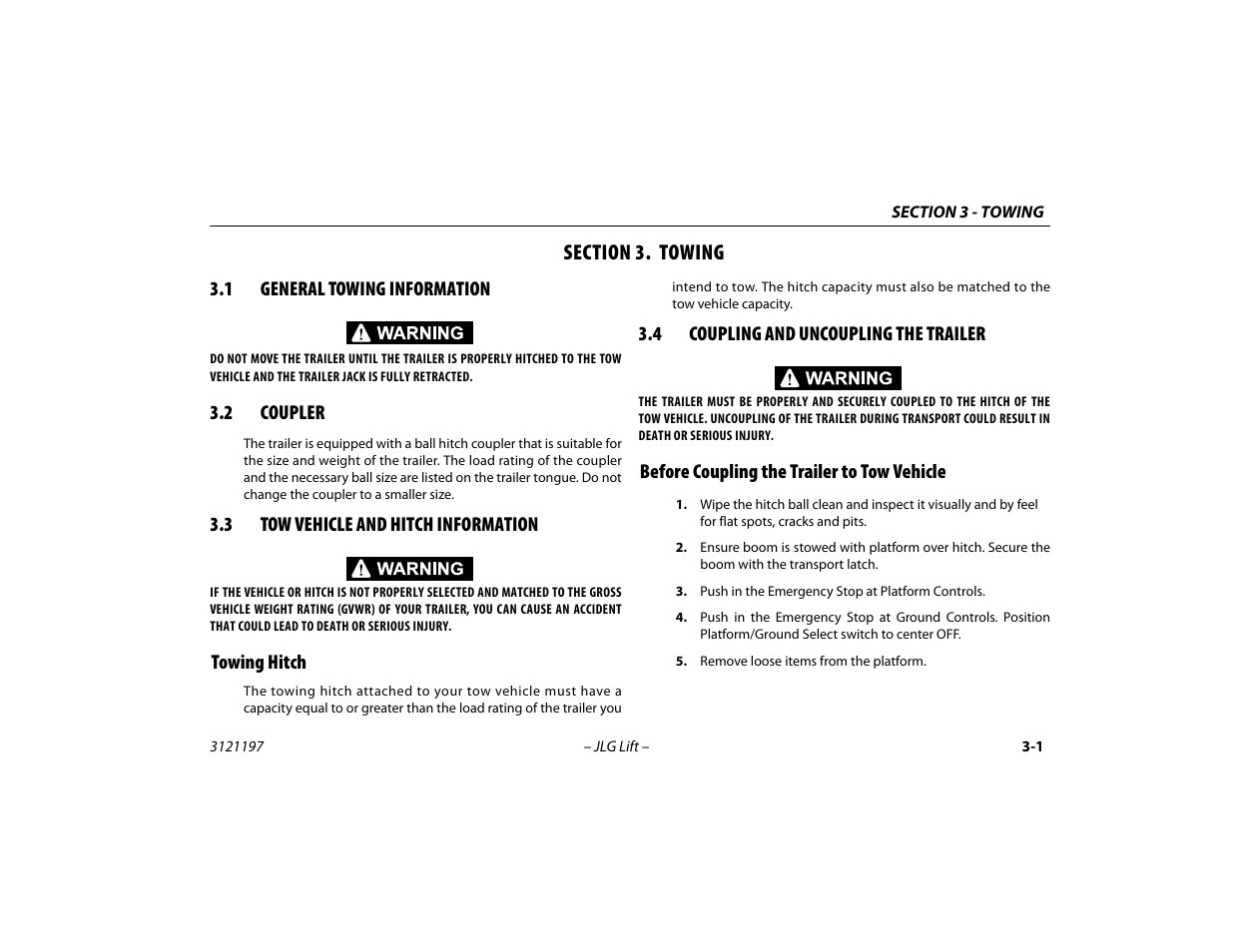 Section 3. towing, 1 general towing information, 2 coupler | 3 tow vehicle and hitch information, Towing hitch, 4 coupling and uncoupling the trailer, Before coupling the trailer to tow vehicle, Section - 3 - towing, General towing information -1, Coupler -1 | JLG T500J Operator Manual User Manual | Page 33 / 132