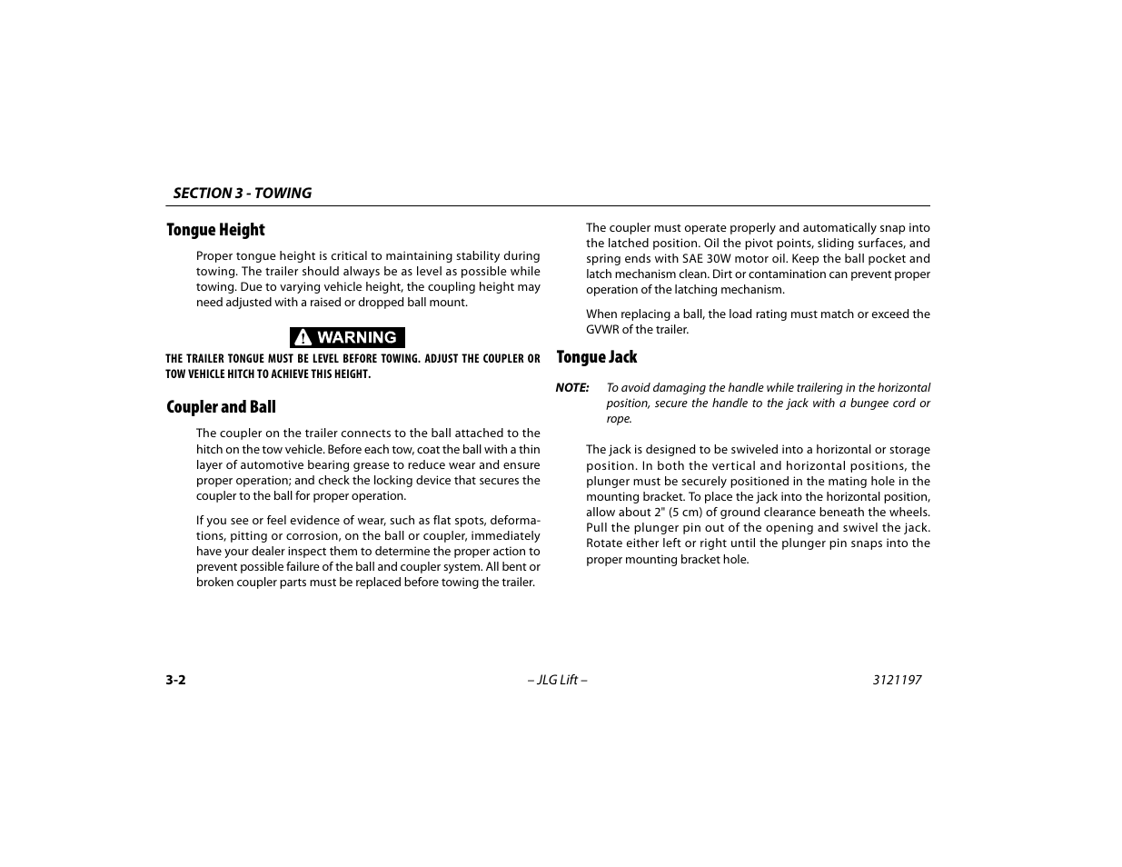 Tongue height, Coupler and ball, Tongue jack | JLG T500J Operator Manual User Manual | Page 34 / 132