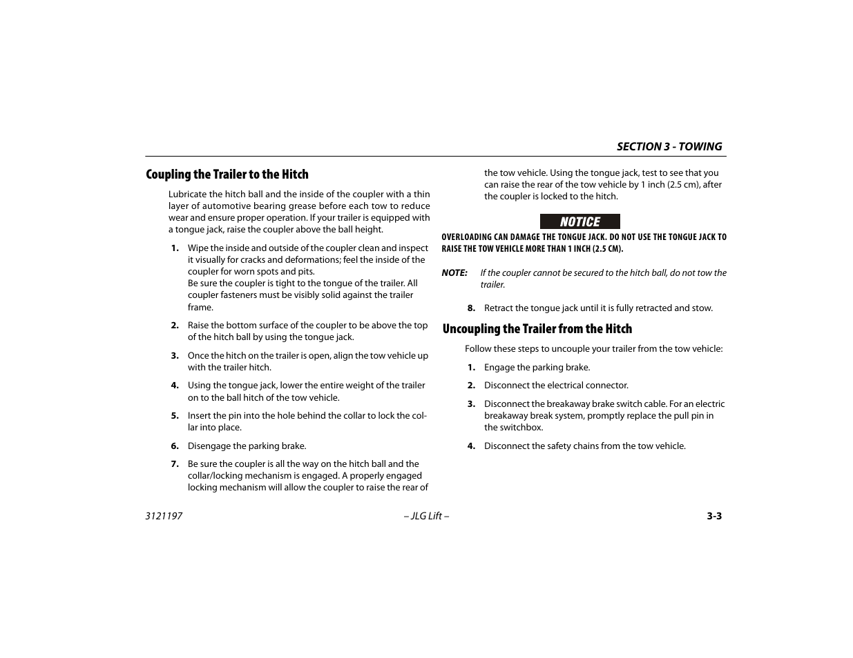 Coupling the trailer to the hitch, Uncoupling the trailer from the hitch | JLG T500J Operator Manual User Manual | Page 35 / 132