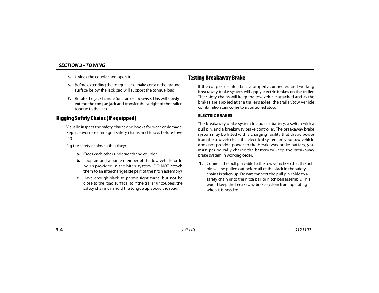 Rigging safety chains (if equipped), Testing breakaway brake | JLG T500J Operator Manual User Manual | Page 36 / 132