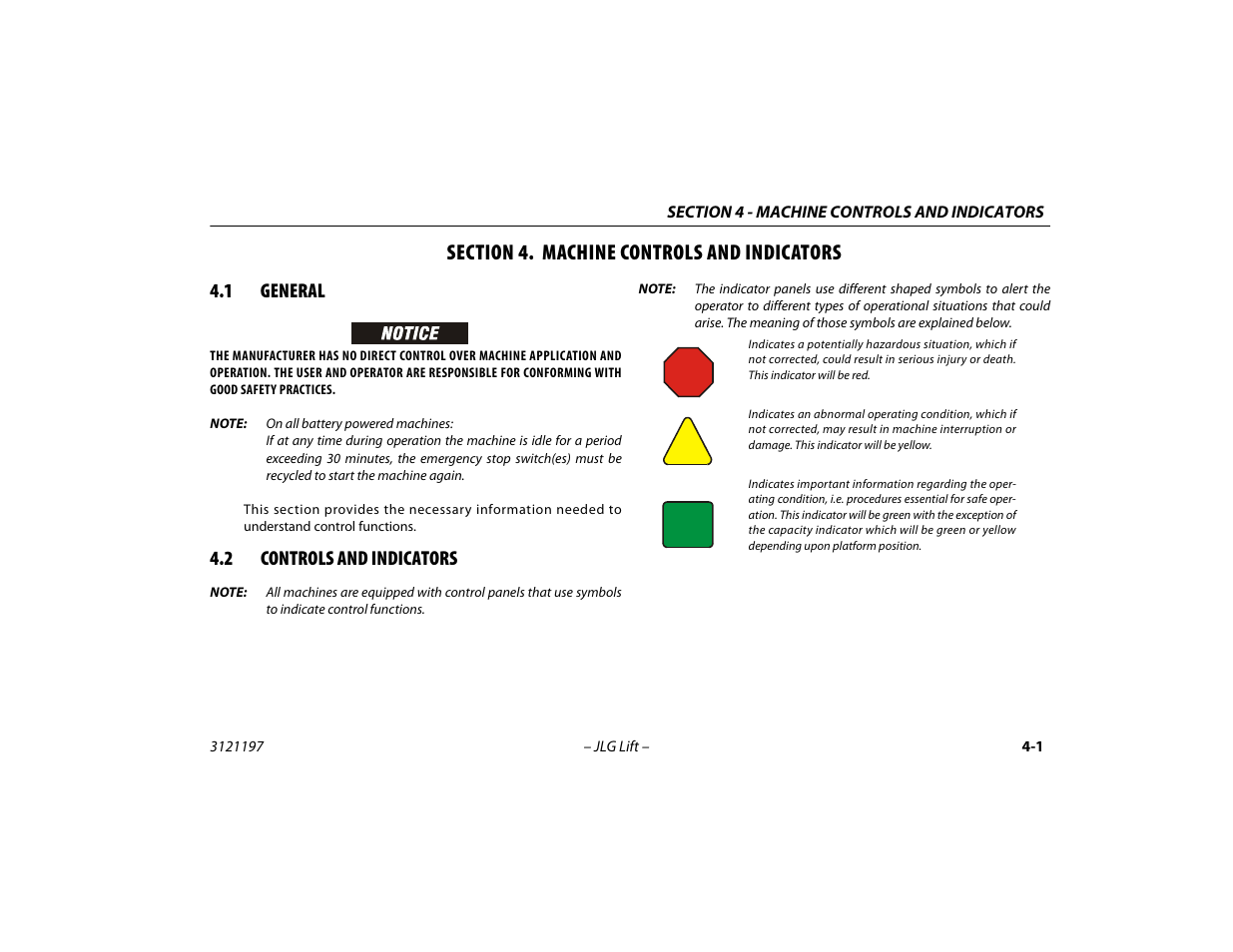 Section 4. machine controls and indicators, 1 general, 2 controls and indicators | Section - 4 - machine controls and indicators, General -1, Controls and indicators -1 | JLG T500J Operator Manual User Manual | Page 45 / 132