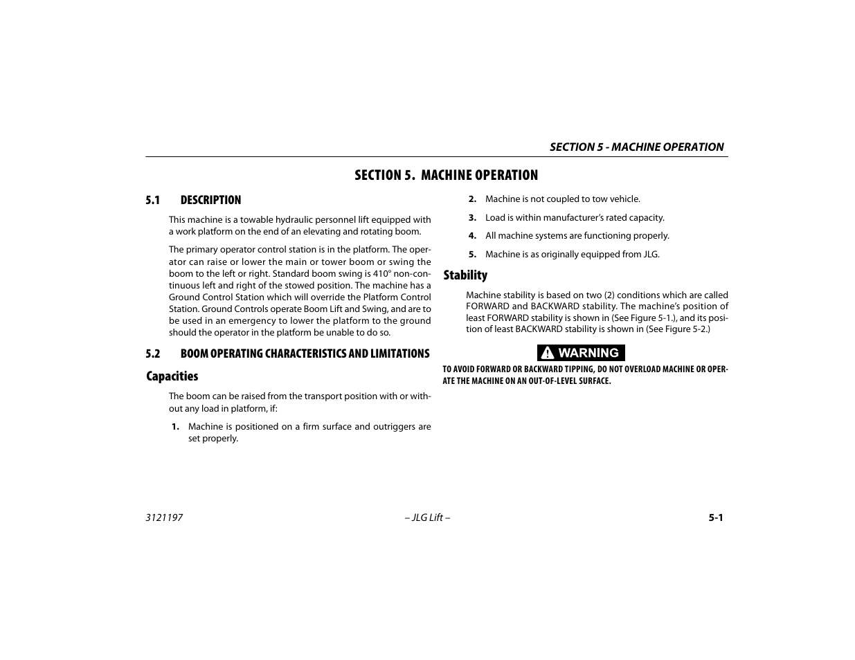 Section 5. machine operation, 1 description, 2 boom operating characteristics and limitations | Capacities, Stability, Section - 5 - machine operation, Description -1, Boom operating characteristics and, Limitations -1, Capacities -1 stability -1 | JLG T500J Operator Manual User Manual | Page 55 / 132
