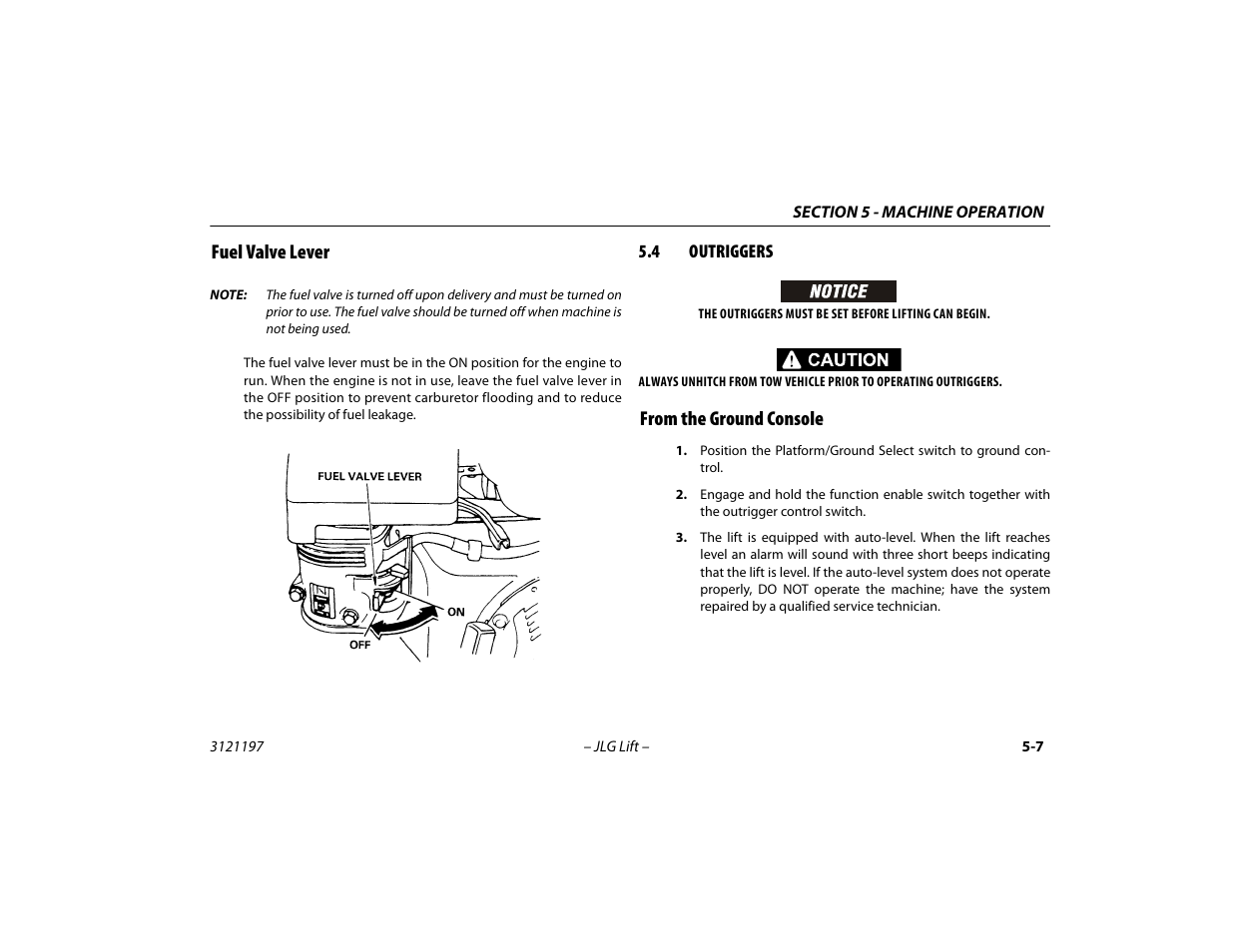 Fuel valve lever, 4 outriggers, From the ground console | Fuel valve lever -7, Outriggers -7, From the ground console -7 | JLG T500J Operator Manual User Manual | Page 61 / 132