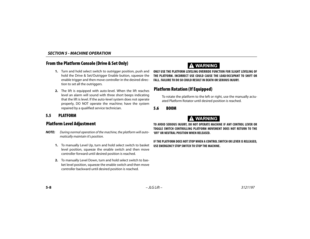 From the platform console (drive & set only), 5 platform, Platform level adjustment | Platform rotation (if equipped), 6 boom, From the platform console (drive & set only) -8, Platform -8, Boom -8 | JLG T500J Operator Manual User Manual | Page 62 / 132