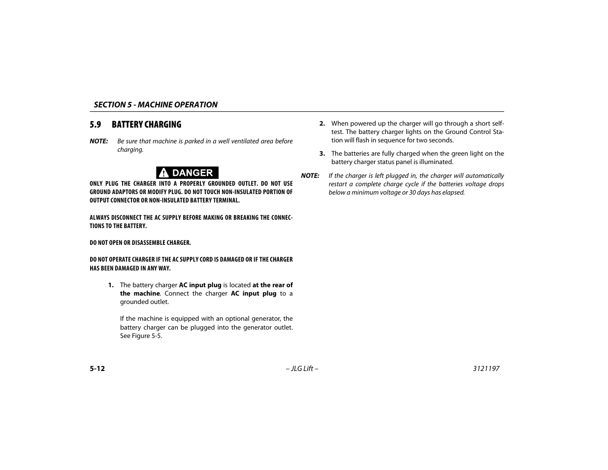 9 battery charging, Battery charging -12 | JLG T500J Operator Manual User Manual | Page 66 / 132