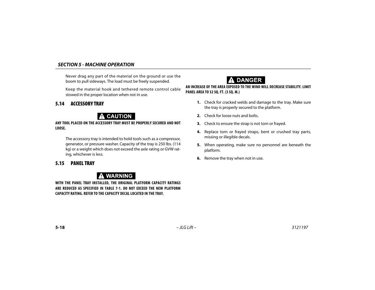 14 accessory tray, 15 panel tray, 14 accessory tray -18 5.15 panel tray -18 | JLG T500J Operator Manual User Manual | Page 72 / 132