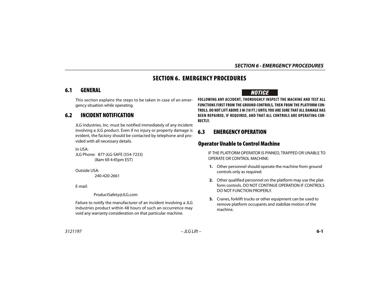 Section 6. emergency procedures, 1 general, 2 incident notification | 3 emergency operation, Operator unable to control machine, Section - 6 - emergency procedures, General -1, Incident notification -1, Emergency operation -1, Operator unable to control machine -1 | JLG T500J Operator Manual User Manual | Page 99 / 132