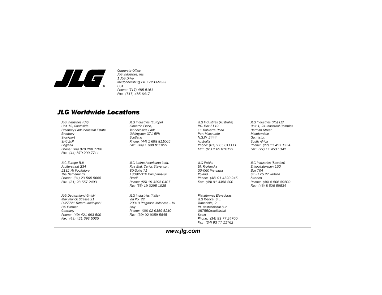 Jlg worldwide locations | JLG 601S Operator Manual User Manual | Page 102 / 102