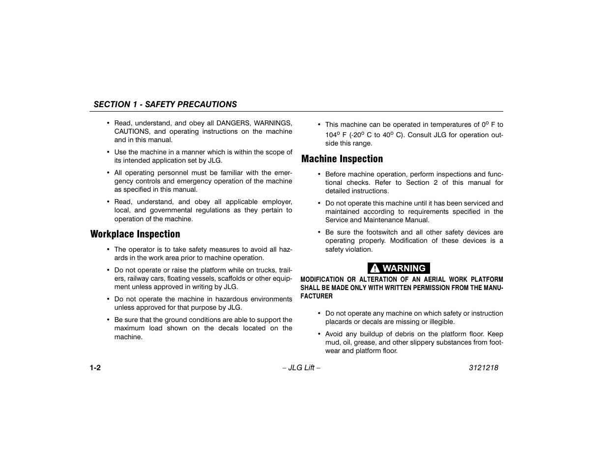 Workplace inspection, Machine inspection, Workplace inspection -2 machine inspection -2 | JLG 601S Operator Manual User Manual | Page 12 / 102