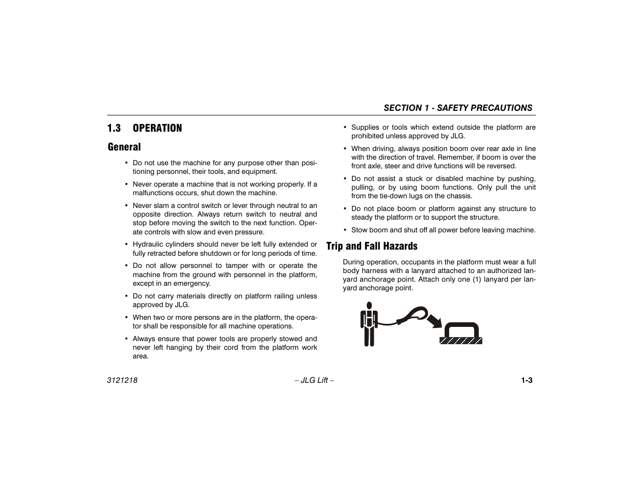 3 operation, General, Trip and fall hazards | Operation -3, General -3 trip and fall hazards -3, 3 operation general | JLG 601S Operator Manual User Manual | Page 13 / 102