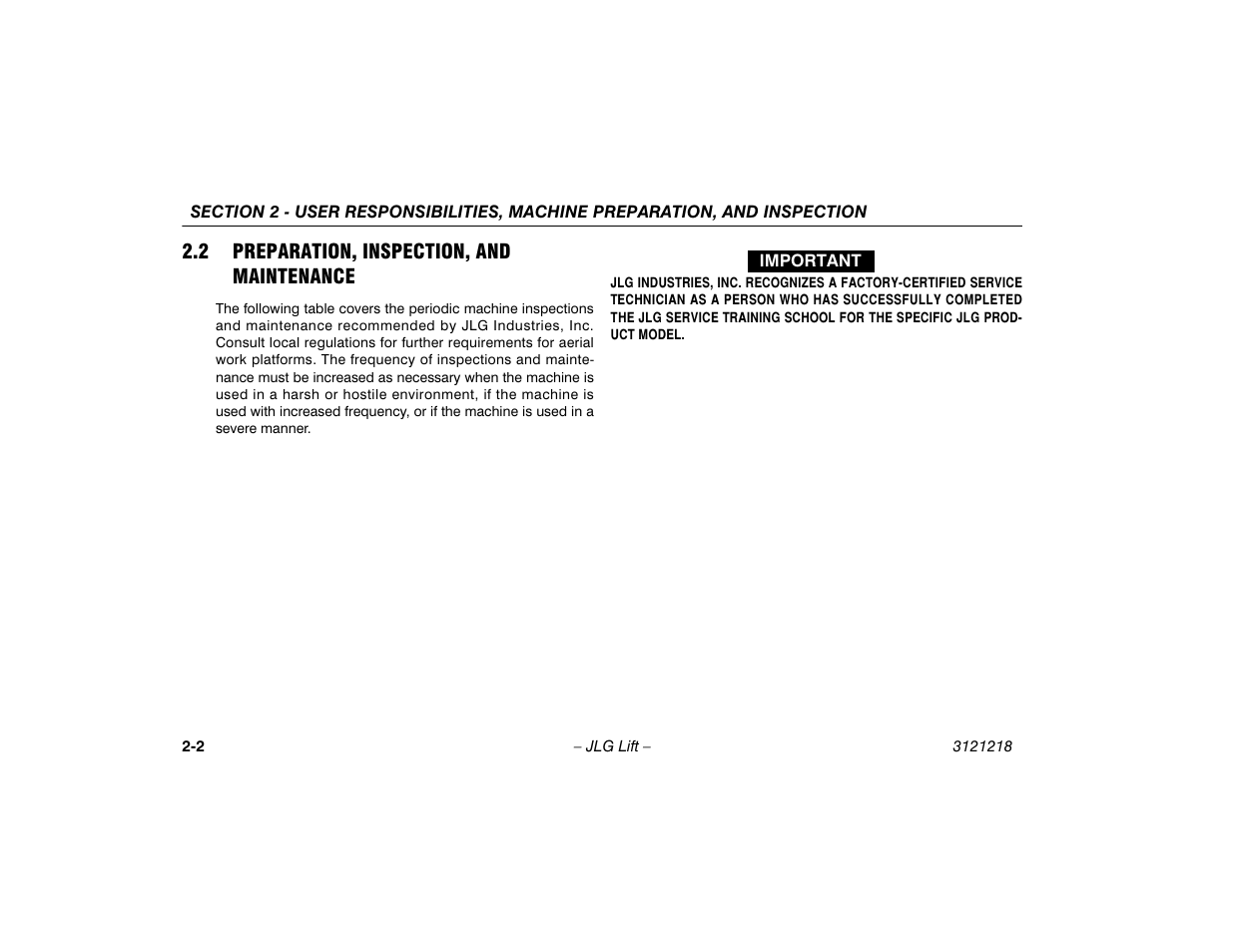 2 preparation, inspection, and maintenance, Preparation, inspection, and maintenance -2 | JLG 601S Operator Manual User Manual | Page 22 / 102