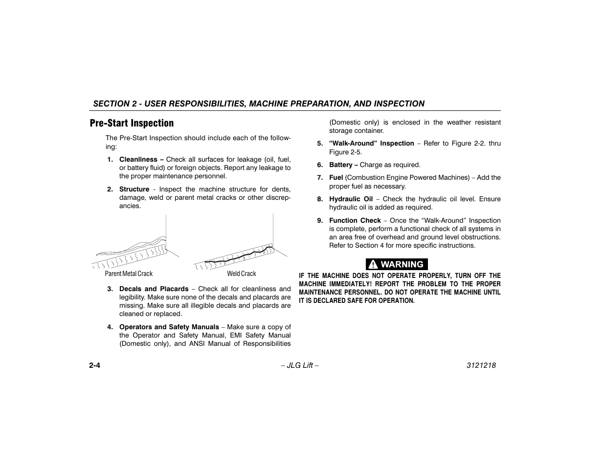 Pre-start inspection, Pre-start inspection -4 | JLG 601S Operator Manual User Manual | Page 24 / 102