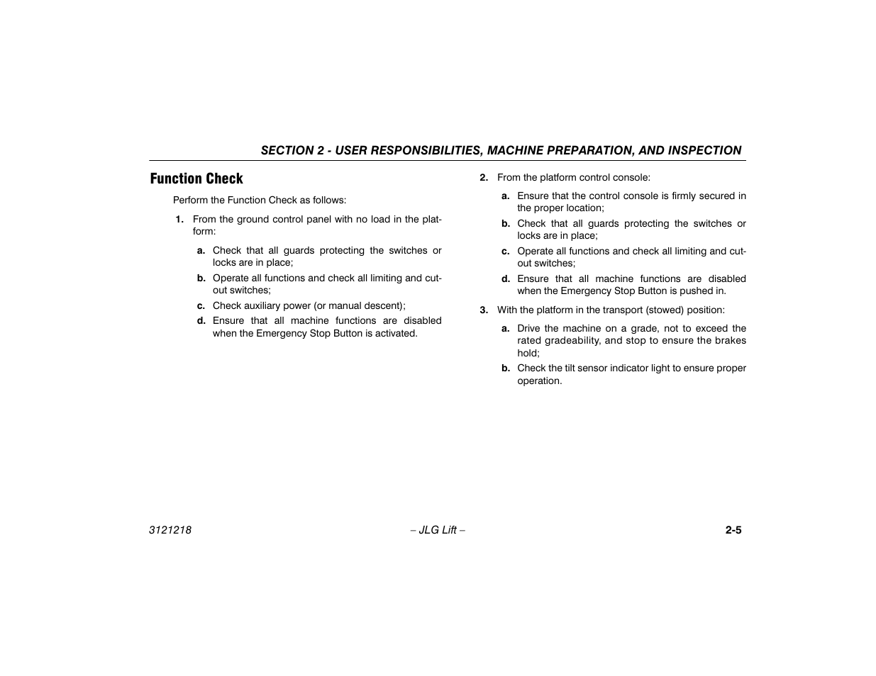Function check, Function check -5 | JLG 601S Operator Manual User Manual | Page 25 / 102