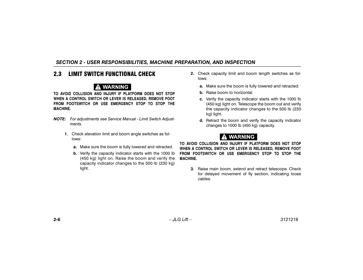 3 limit switch functional check, Limit switch functional check -6 | JLG 601S Operator Manual User Manual | Page 26 / 102