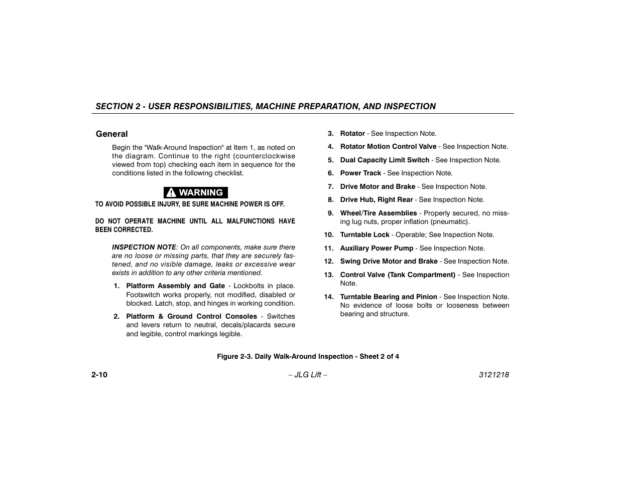 General -10, Daily walk-around inspection - sheet 2 of 4 -10 | JLG 601S Operator Manual User Manual | Page 30 / 102