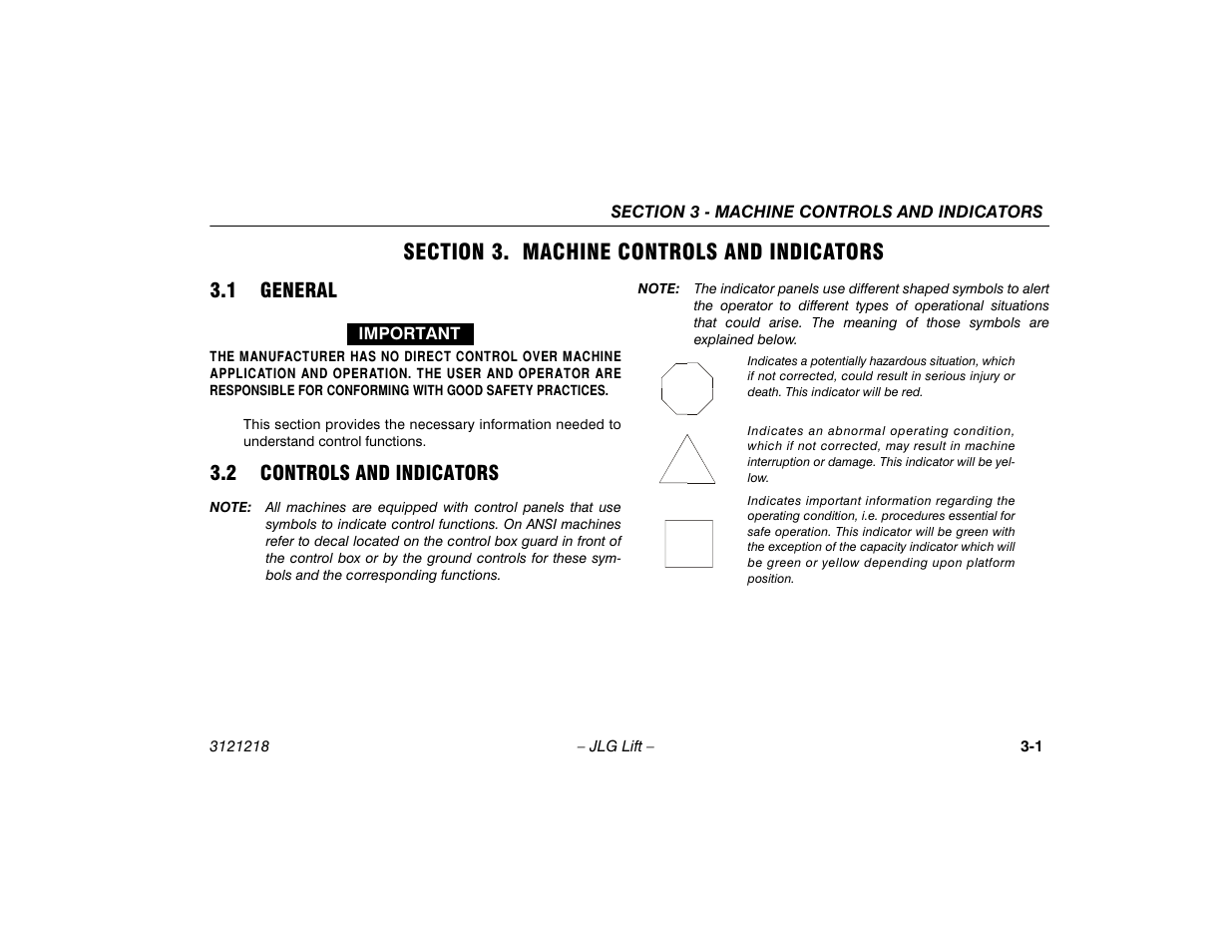 Section 3. machine controls and indicators, 1 general, 2 controls and indicators | Section - 3 - machine controls and indicators, General -1, Controls and indicators -1 | JLG 601S Operator Manual User Manual | Page 33 / 102