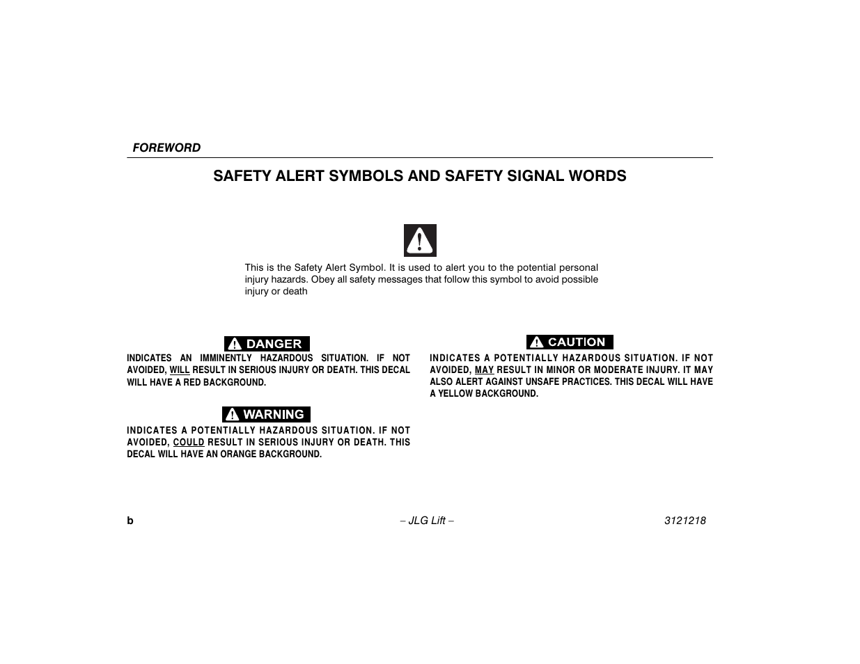 Safety alert symbols and safety signal words | JLG 601S Operator Manual User Manual | Page 4 / 102