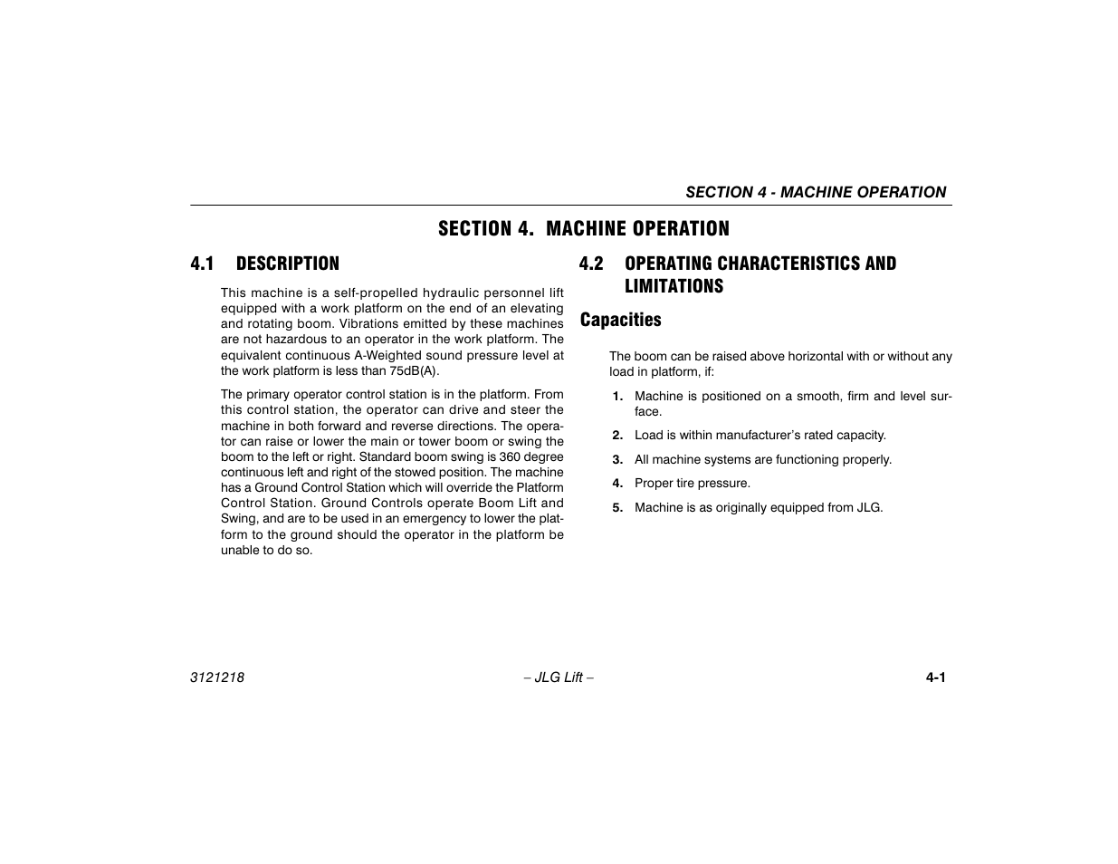 Section 4. machine operation, 1 description, 2 operating characteristics and limitations | Capacities, Section - 4 - machine operation, Description -1, Operating characteristics and limitations -1, Capacities -1 | JLG 601S Operator Manual User Manual | Page 45 / 102