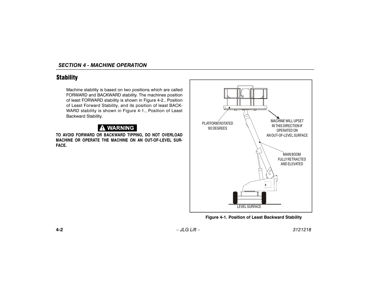 Stability, Stability -2, Position of least backward stability -2 | JLG 601S Operator Manual User Manual | Page 46 / 102
