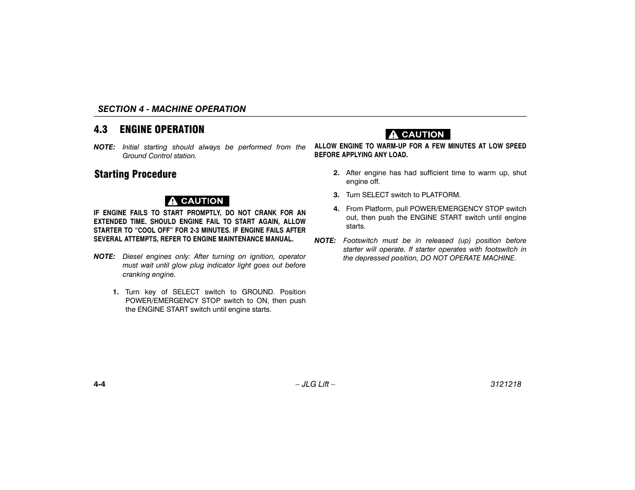 3 engine operation, Starting procedure, Engine operation -4 | Starting procedure -4 | JLG 601S Operator Manual User Manual | Page 48 / 102
