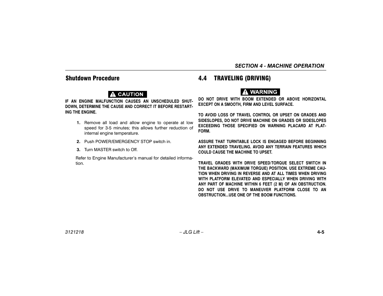 Shutdown procedure, 4 traveling (driving), Shutdown procedure -5 | Traveling (driving) -5 | JLG 601S Operator Manual User Manual | Page 49 / 102