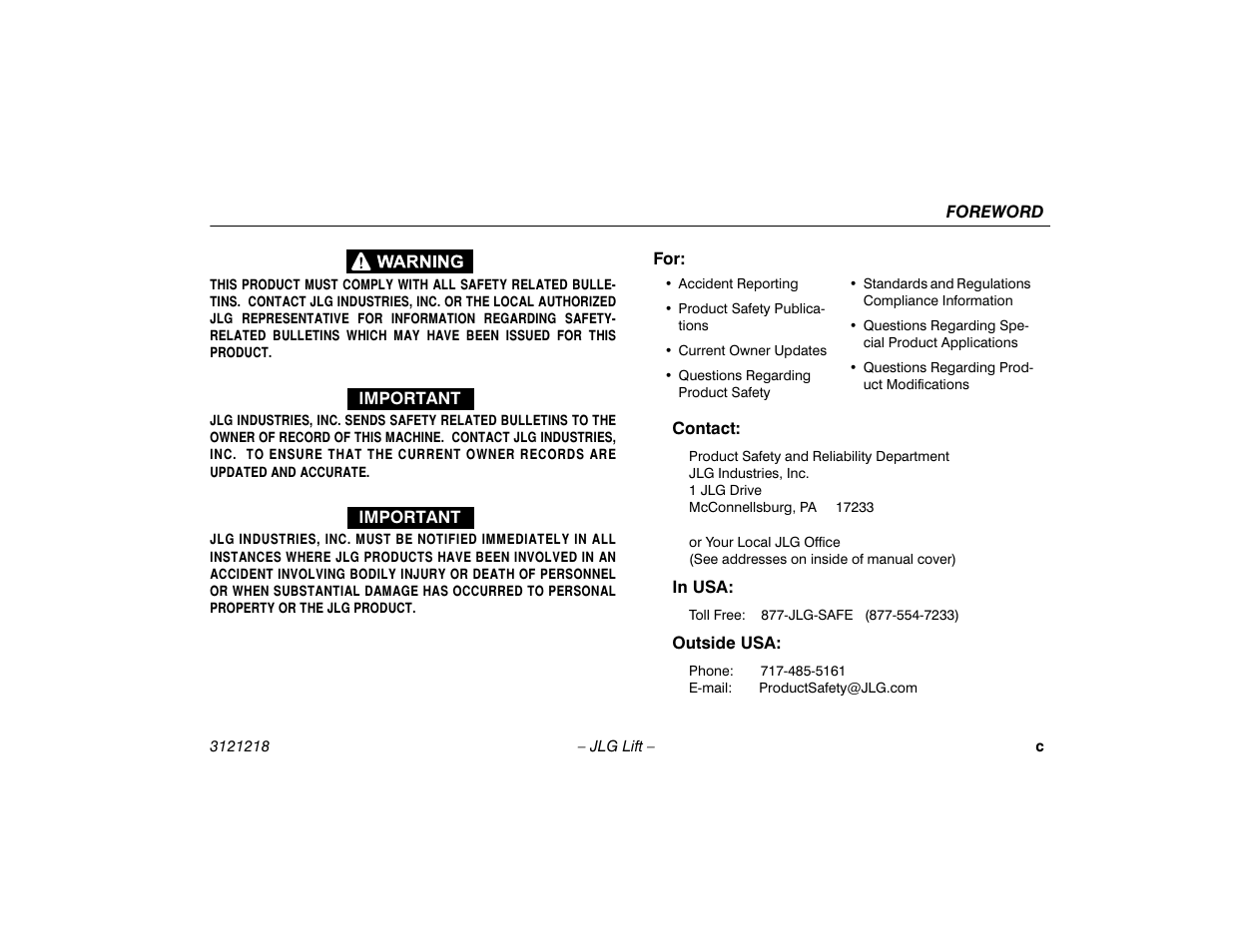 JLG 601S Operator Manual User Manual | Page 5 / 102