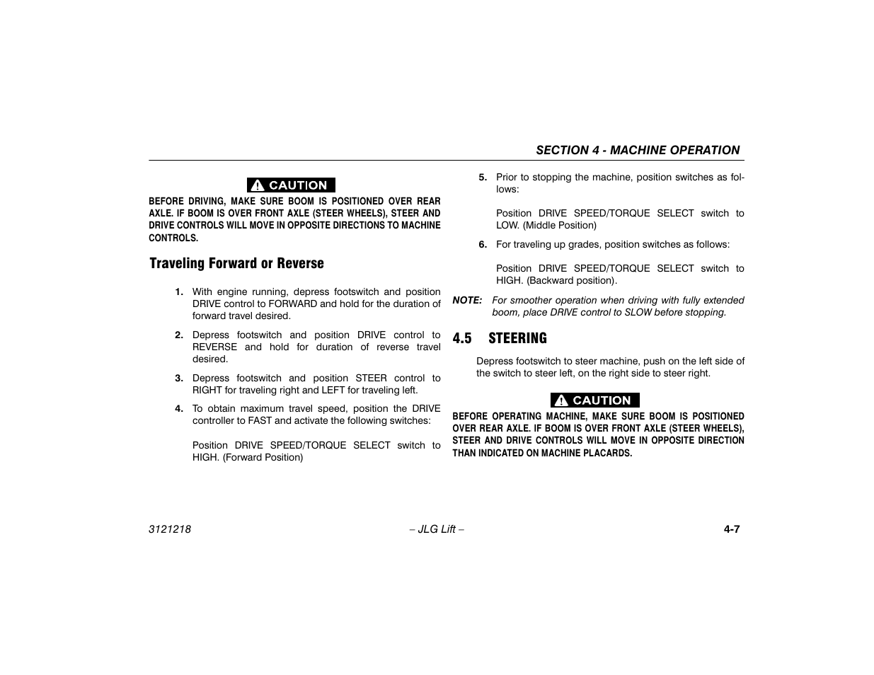 Traveling forward or reverse, 5 steering, Traveling forward or reverse -7 | Steering -7 | JLG 601S Operator Manual User Manual | Page 51 / 102