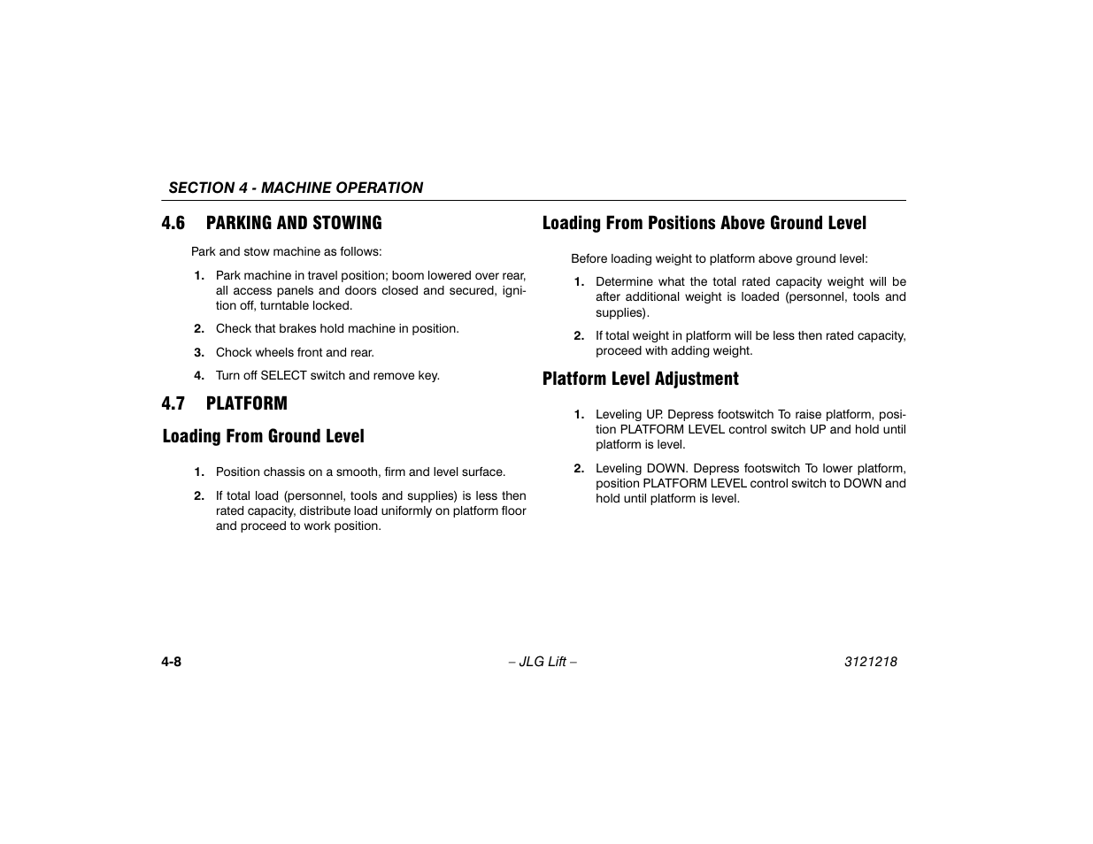 6 parking and stowing, 7 platform, Loading from ground level | Loading from positions above ground level, Platform level adjustment, Parking and stowing -8, Platform -8, 7 platform loading from ground level | JLG 601S Operator Manual User Manual | Page 52 / 102