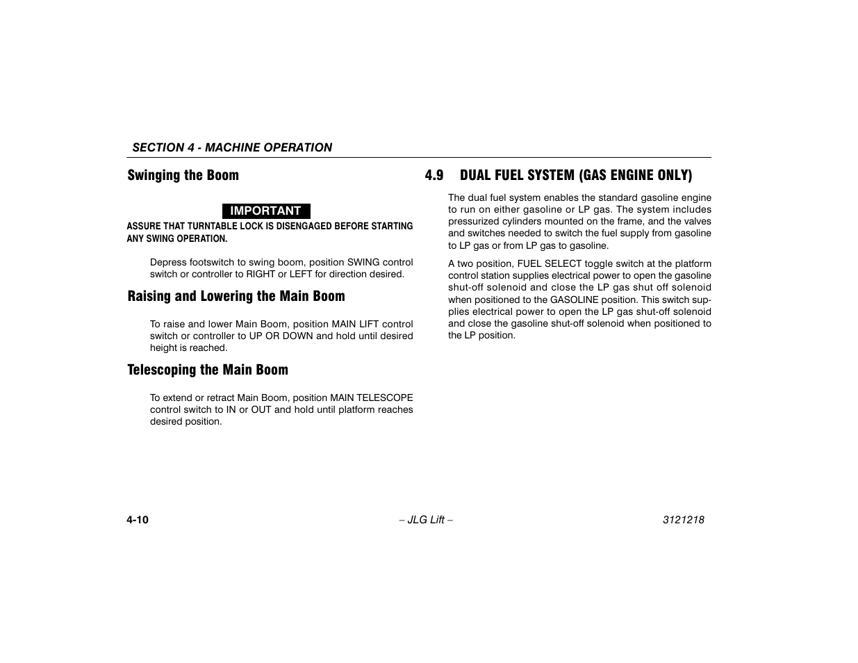 Swinging the boom, Raising and lowering the main boom, Telescoping the main boom | 9 dual fuel system (gas engine only), Dual fuel system (gas engine only) -10 | JLG 601S Operator Manual User Manual | Page 54 / 102