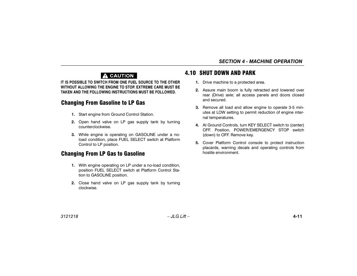 Changing from gasoline to lp gas, Changing from lp gas to gasoline, 10 shut down and park | 10 shut down and park -11 | JLG 601S Operator Manual User Manual | Page 55 / 102