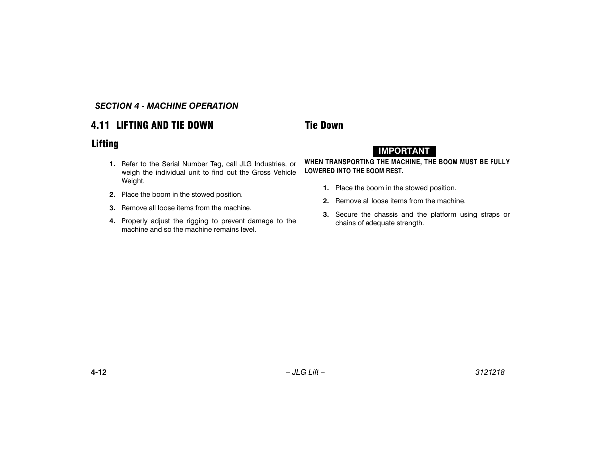 11 lifting and tie down, Lifting, Tie down | 11 lifting and tie down -12, Lifting -12 tie down -12, 11 lifting and tie down lifting | JLG 601S Operator Manual User Manual | Page 56 / 102