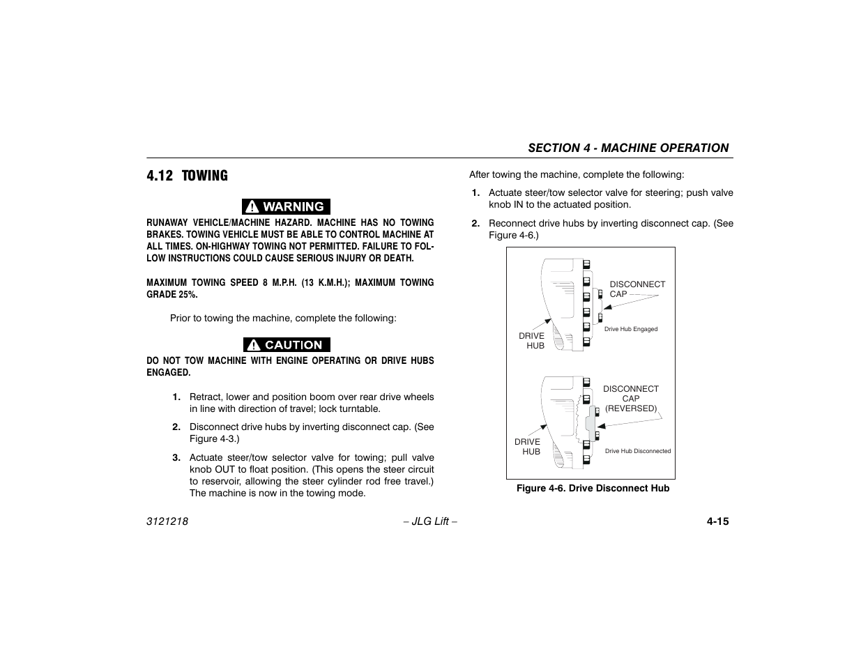 12 towing, 12 towing -15, Drive disconnect hub -15 | JLG 601S Operator Manual User Manual | Page 59 / 102
