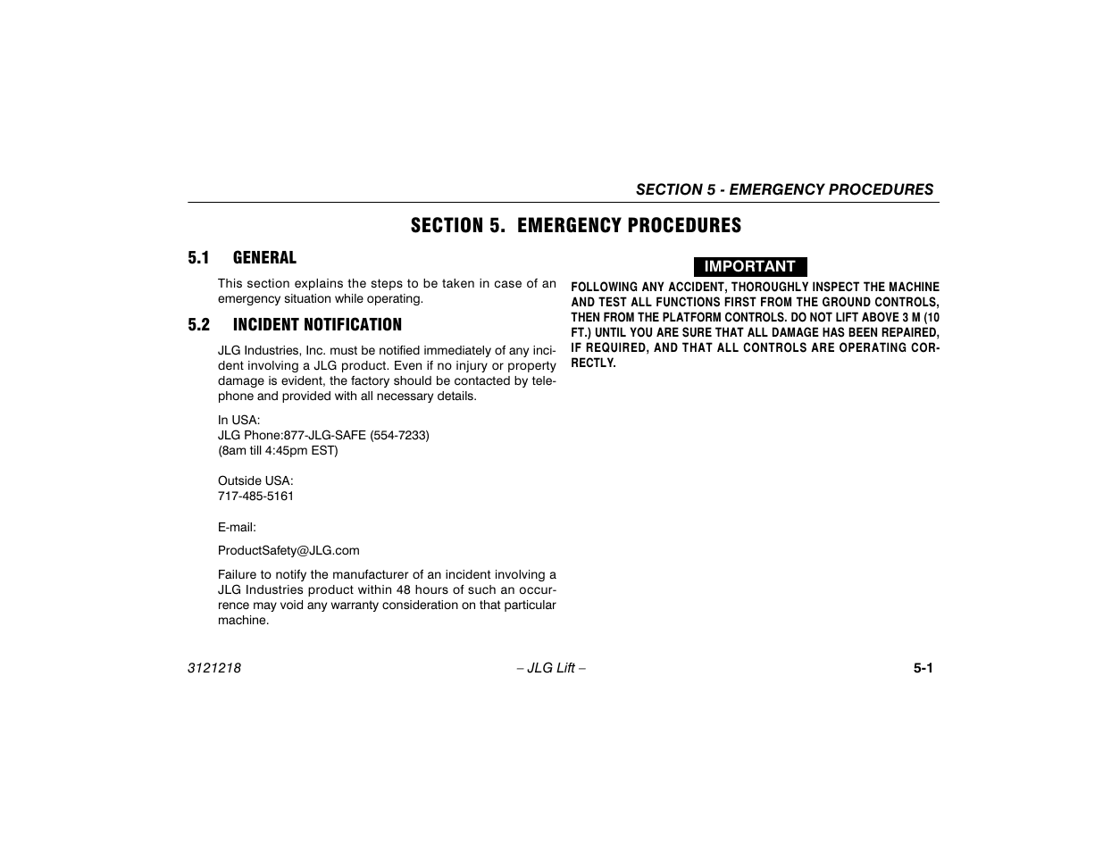 Section 5. emergency procedures, 1 general, 2 incident notification | Section - 5 - emergency procedures, General -1, Incident notification -1 | JLG 601S Operator Manual User Manual | Page 73 / 102
