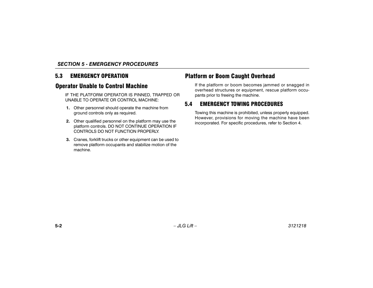 3 emergency operation, Operator unable to control machine, Platform or boom caught overhead | 4 emergency towing procedures, Emergency operation -2, Emergency towing procedures -2 | JLG 601S Operator Manual User Manual | Page 74 / 102