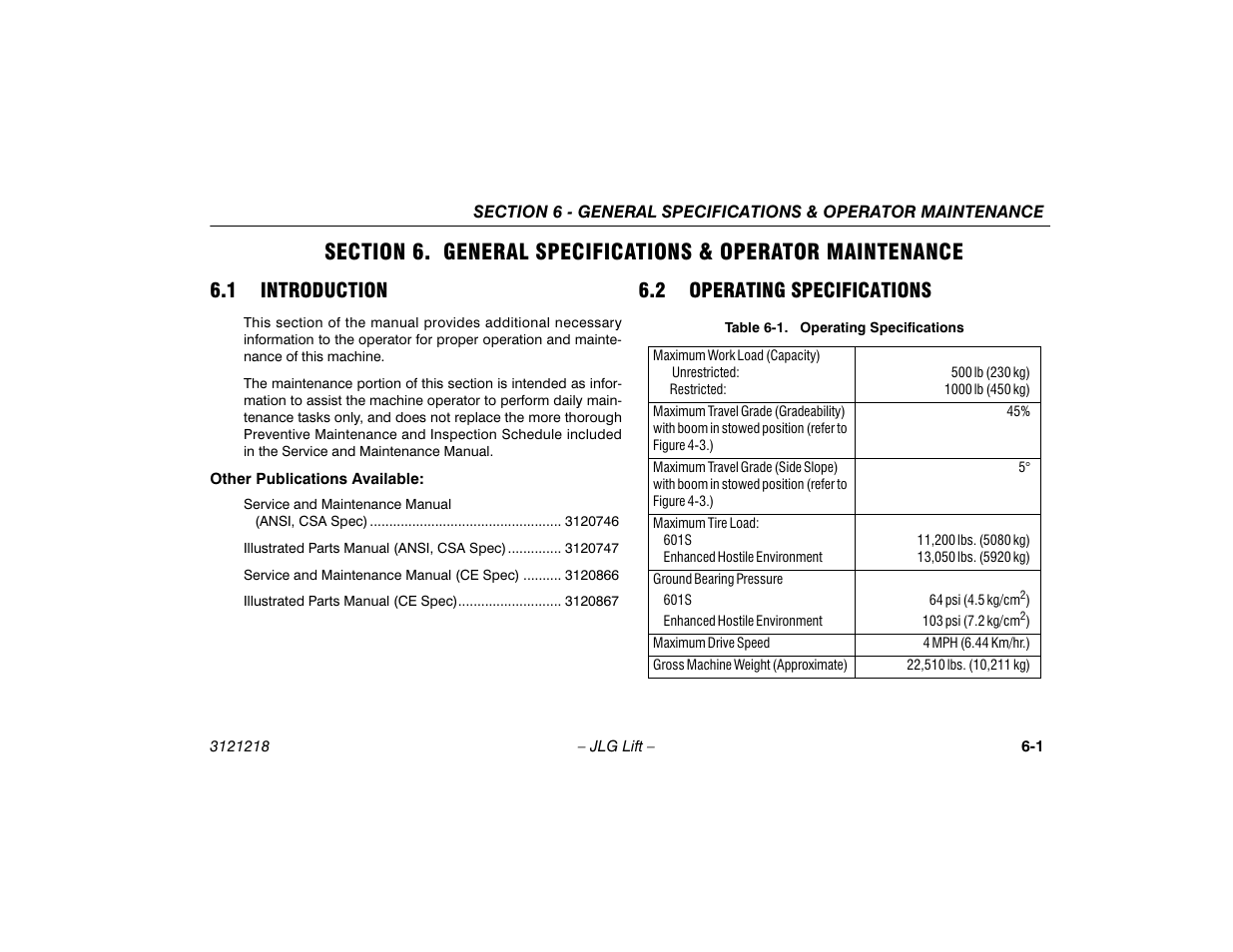 1 introduction, 2 operating specifications, Introduction -1 | Operating specifications -1 | JLG 601S Operator Manual User Manual | Page 75 / 102
