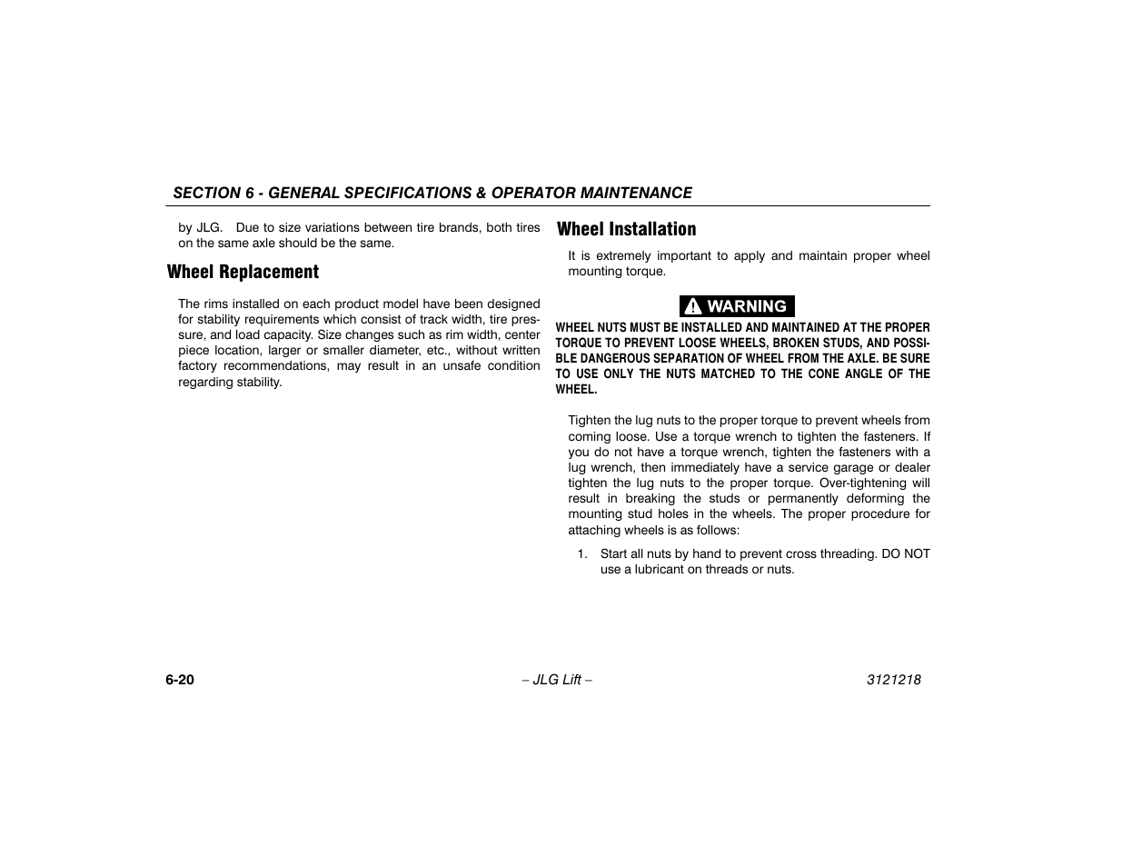 Wheel replacement, Wheel installation, Wheel replacement -20 wheel installation -20 | JLG 601S Operator Manual User Manual | Page 94 / 102