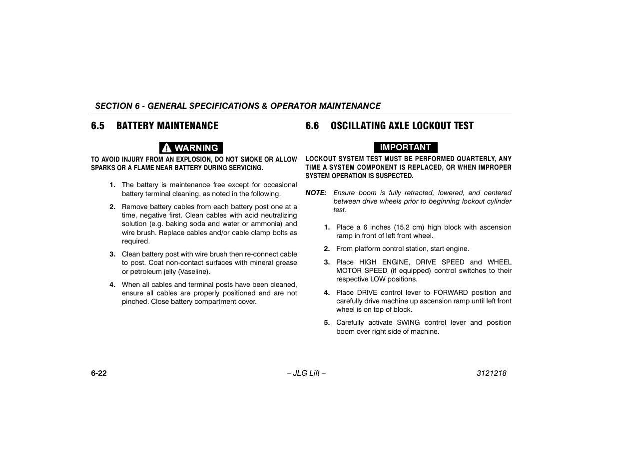 5 battery maintenance, 6 oscillating axle lockout test, Battery maintenance -22 | Oscillating axle lockout test -22 | JLG 601S Operator Manual User Manual | Page 96 / 102
