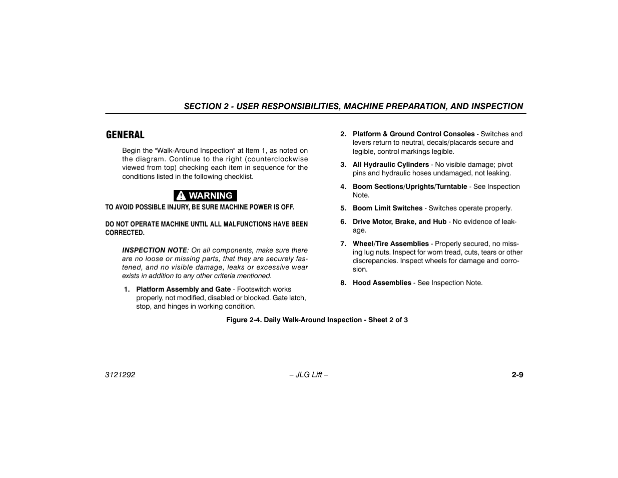 General -9, Daily walk-around inspection - sheet 2 of 3 -9, General | JLG 510AJ Series II Operator Manual User Manual | Page 29 / 104